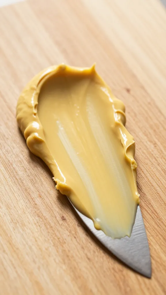 knife blade smeared with tarragon-mustard cream on board