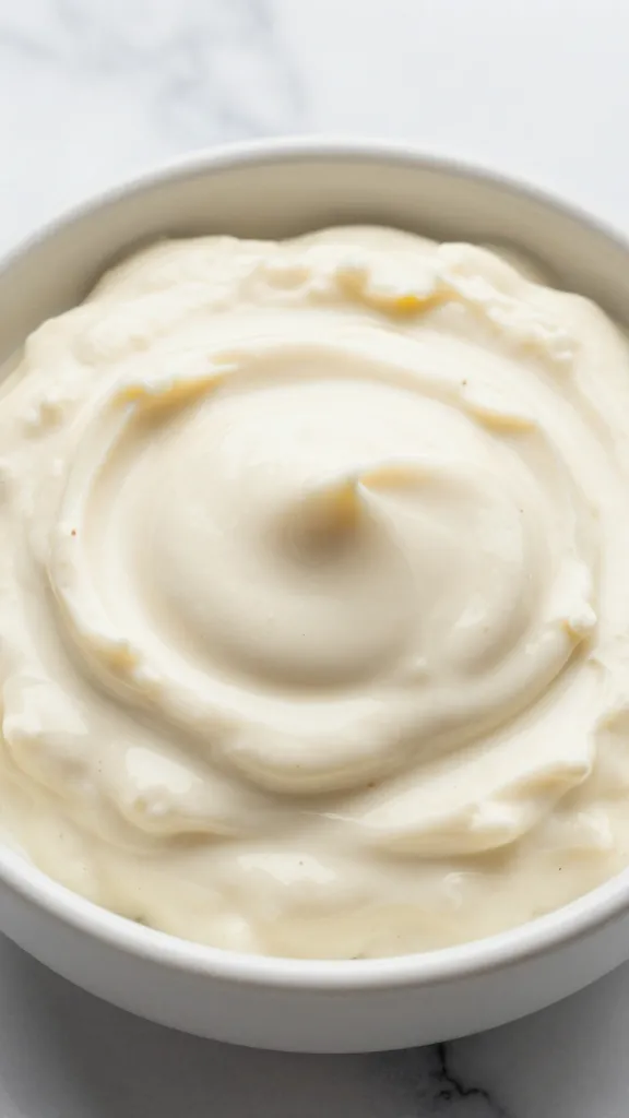 closeup bowl of white chocolate horseradish dip, marble backdrop