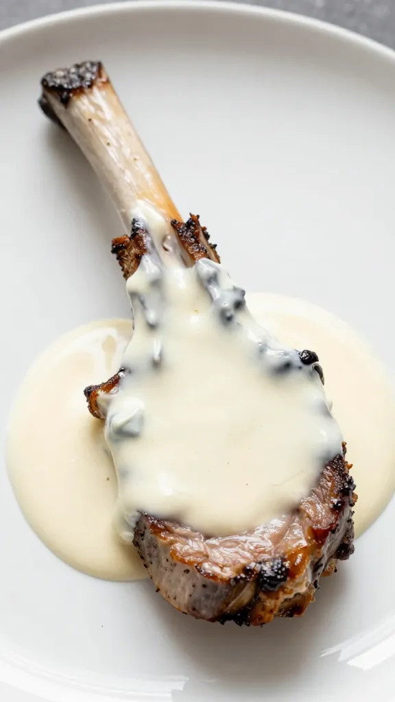 single prime rib slice dipped in creamy white sauce