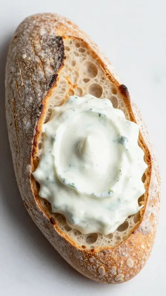 sourdough crust end dunked in white horseradish dip