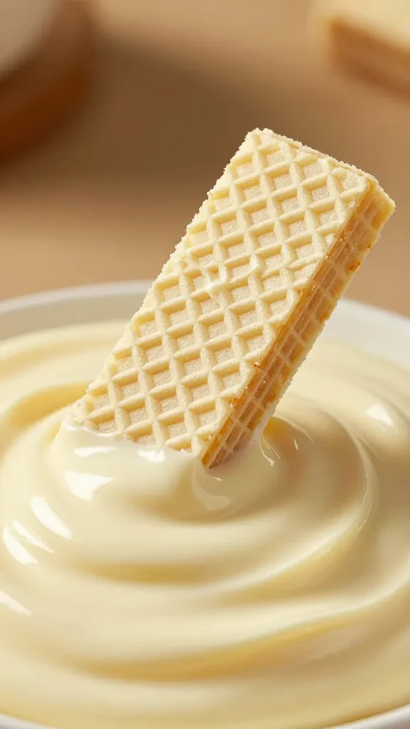 single white chocolate wafer melting in warm cream