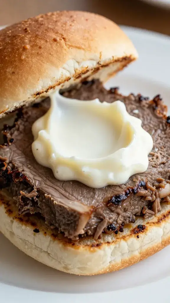 prime rib slider with visible white horseradish smear, closeup