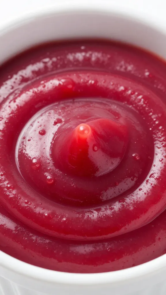 closeup of magenta beet ketchup swirl in ramekin