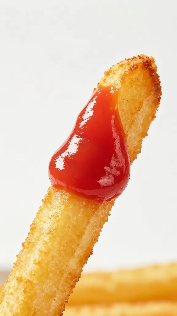 single fry dipped in magenta ketchup, macro shot