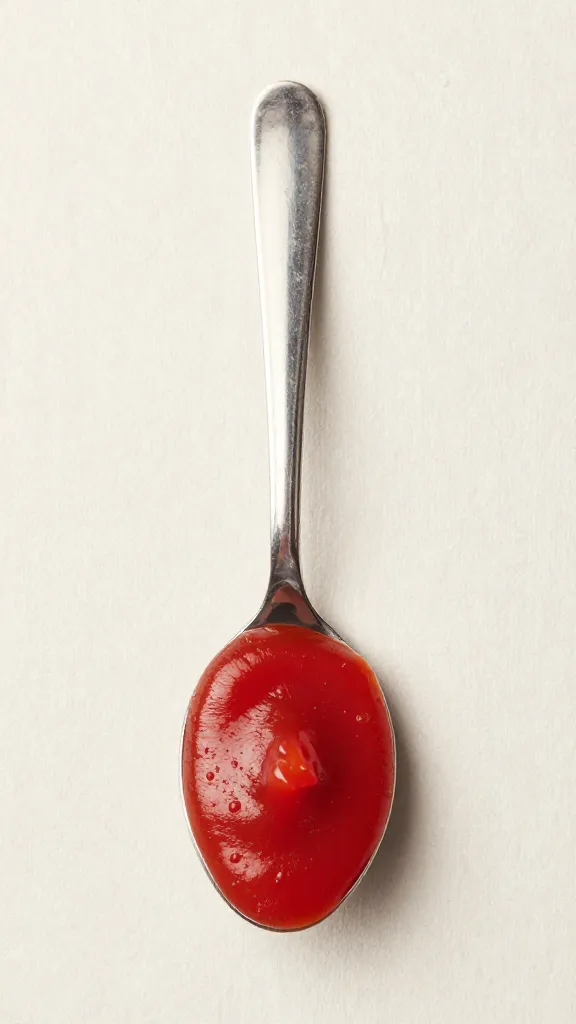 spoon coated with magenta ketchup, textured backdrop