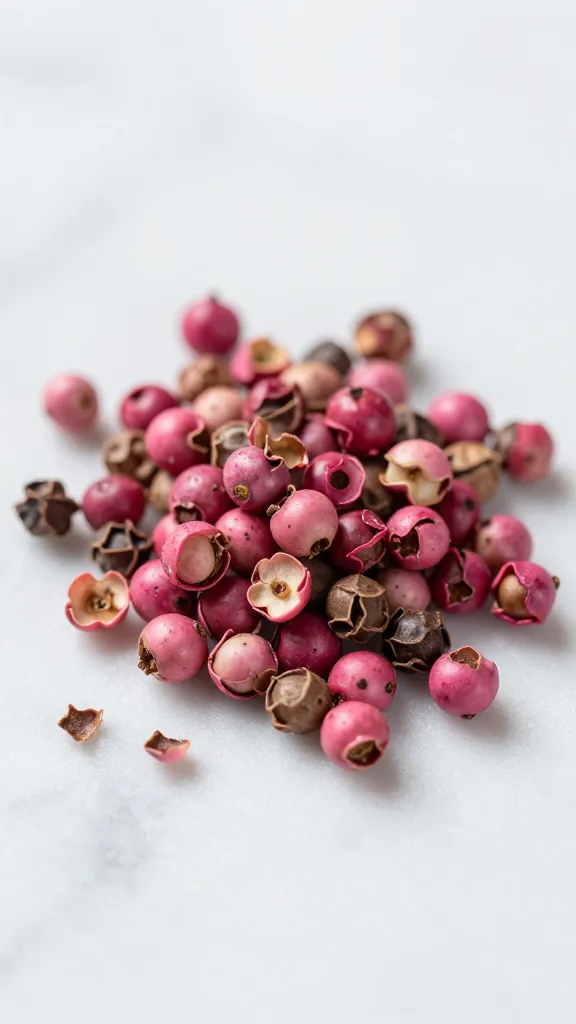 pink peppercorns crushed on marble, macro focus