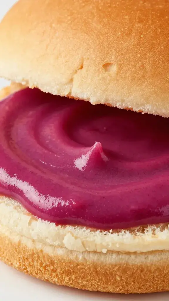 burger bun half smeared with magenta ketchup, closeup