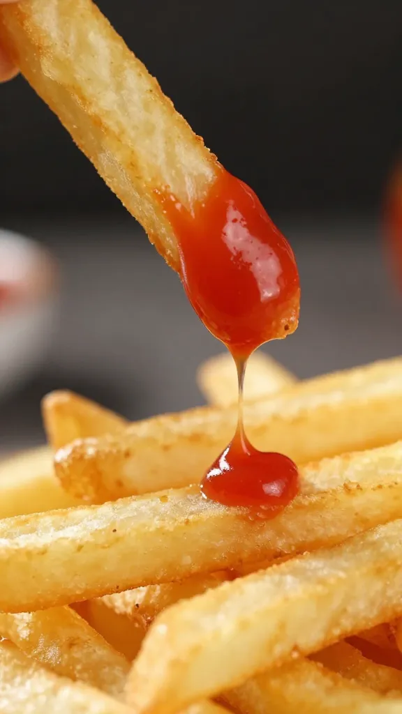 french fry tip with ketchup drip, high-speed capture