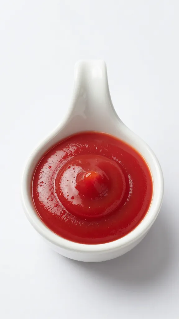 ceramic dipping cup of magenta ketchup, overhead