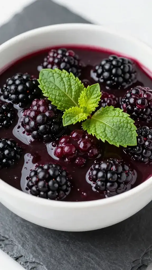 closeup bowl of blackberry-mint compote on slate