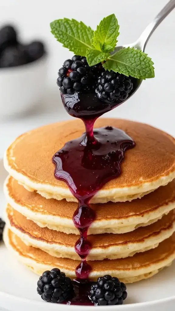 spoon dripping blackberry-mint compote over pancakes