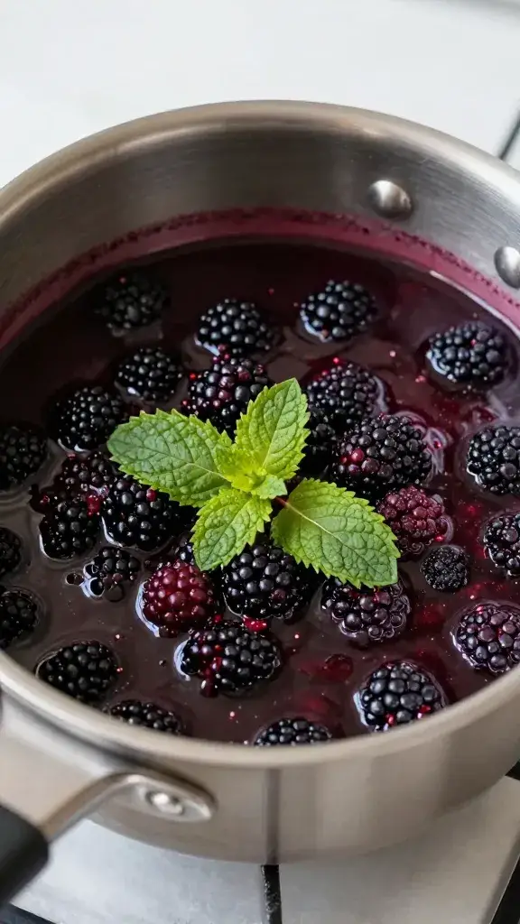 saucepan of simmering blackberry-mint compote