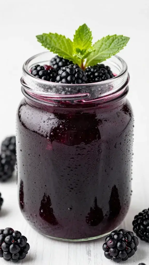 glass jar of blackberry-mint compote with condensation
