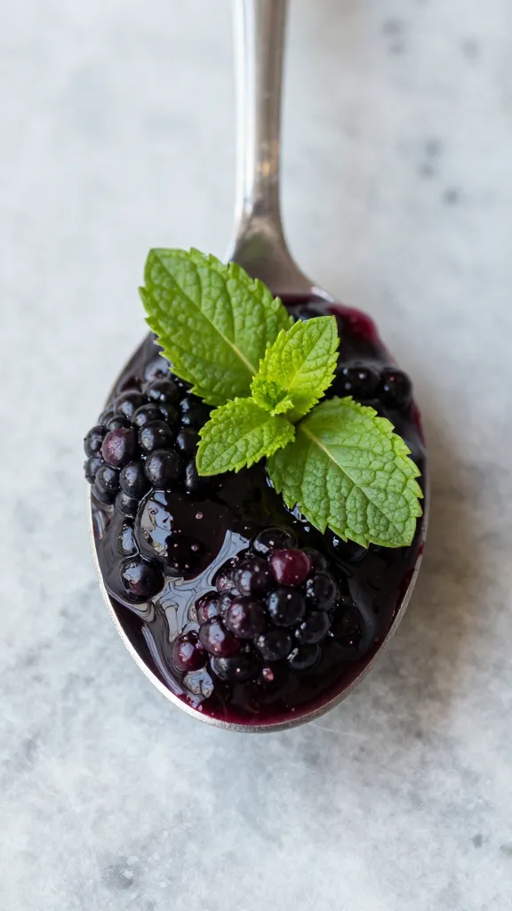 marble spoonful of glossy blackberry-mint compote