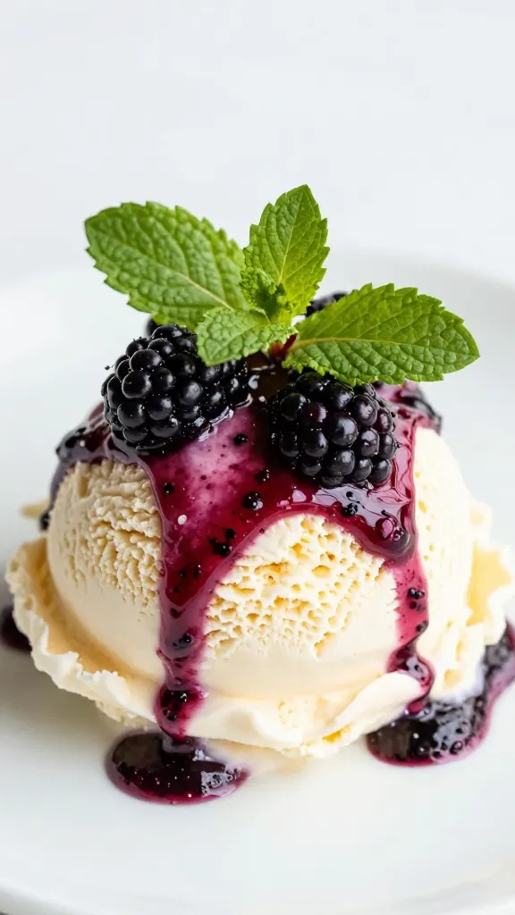 ice cream scoop topped with blackberry-mint compote