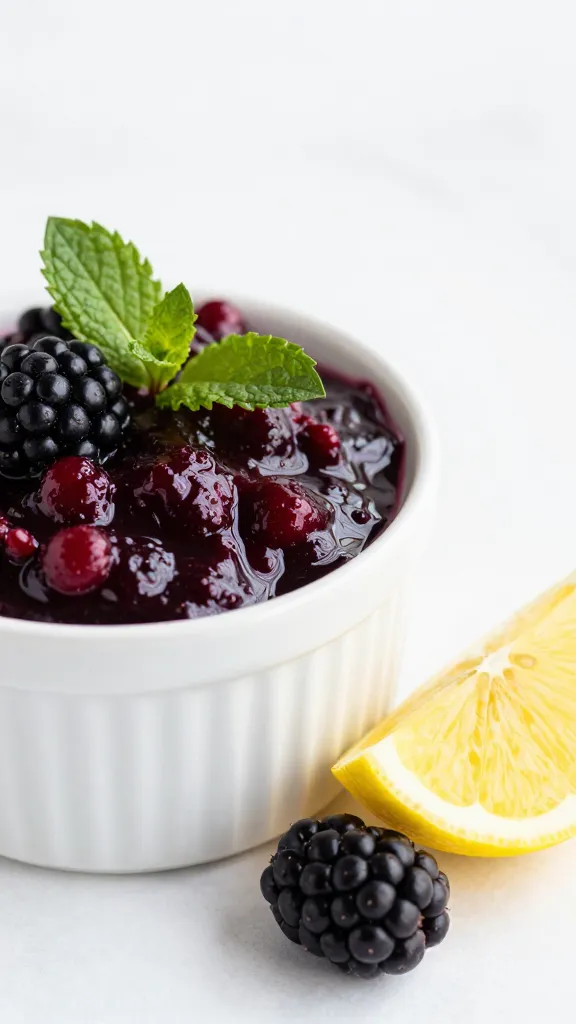 lemon wedge beside blackberry-mint compote ramekin