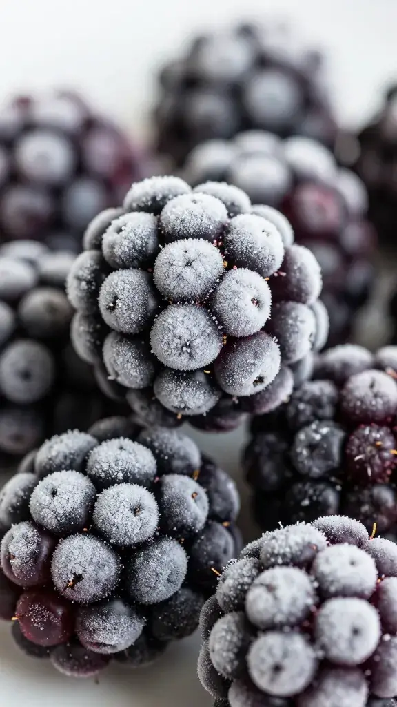frozen blackberries dusted with mint sugar closeup