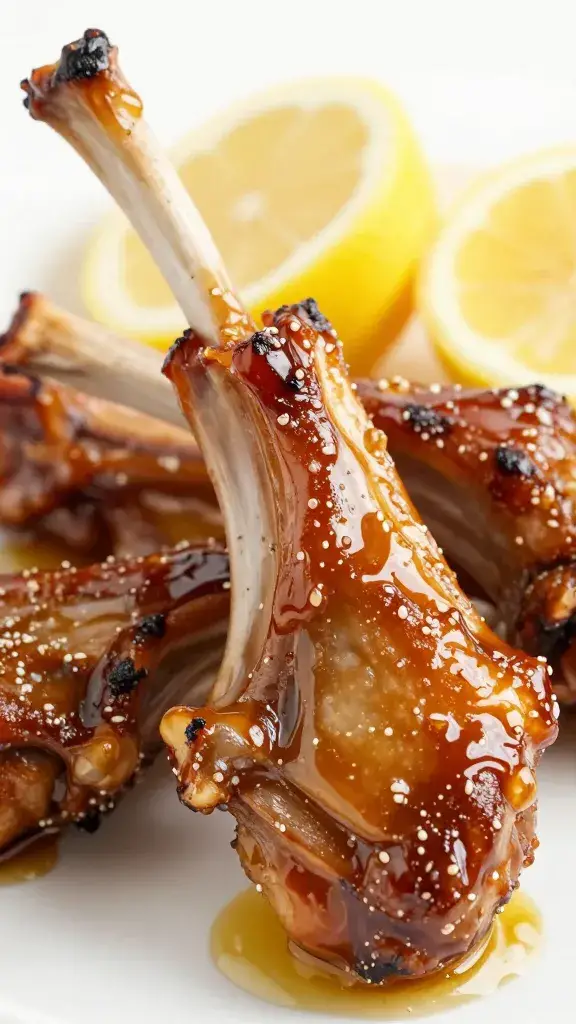 closeup lamb chop glazed with meyer-lemon honey sauce