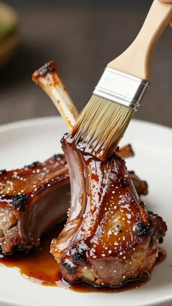 pastry brush painting glaze on seared lamb