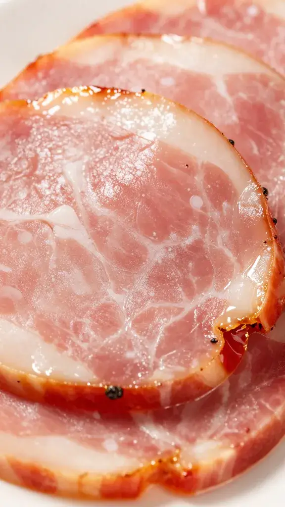 closeup of glazed ham slice with glossy spice sheen