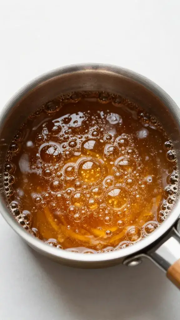 small saucepan of bubbling brown-sugar citrus glaze
