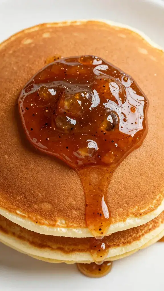 single pancake with glossy spiced marmalade drizzle