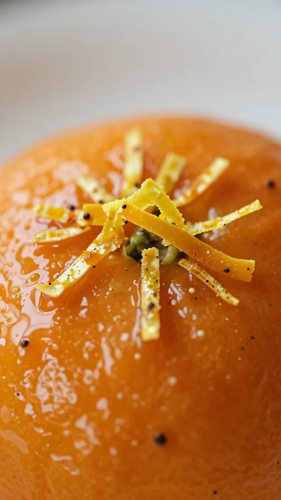 orange peel zest atop warm spiced glaze, macro
