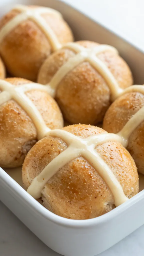 ramekin of hot-cross-bun glaze with visible spice flecks