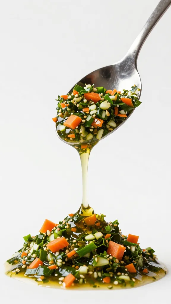 spoonful of carrot-top chimichurri dripping, studio lighting