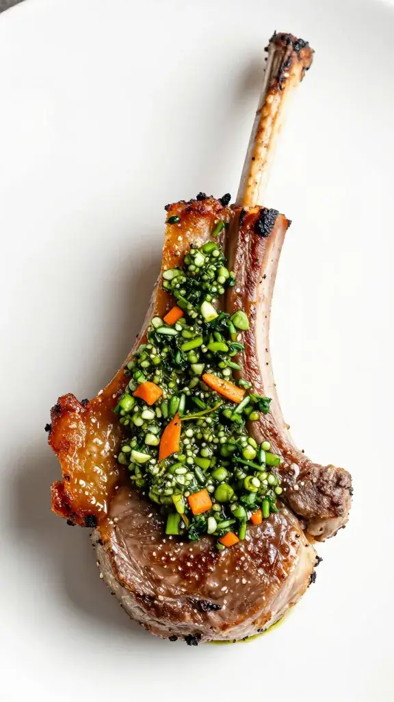 single roasted lamb chop with carrot-top chimichurri smear
