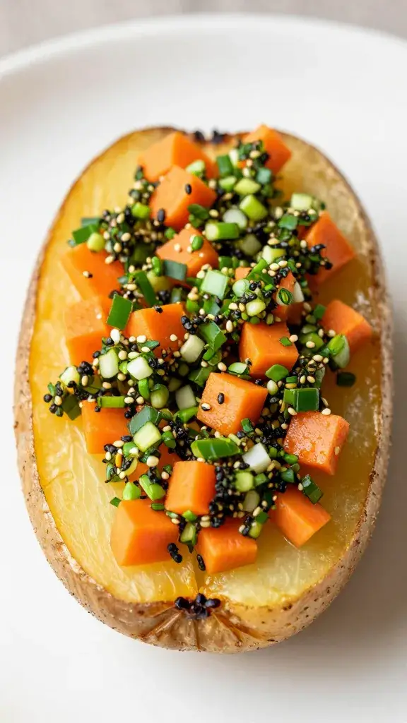 grilled potato half topped with carrot-top chimichurri