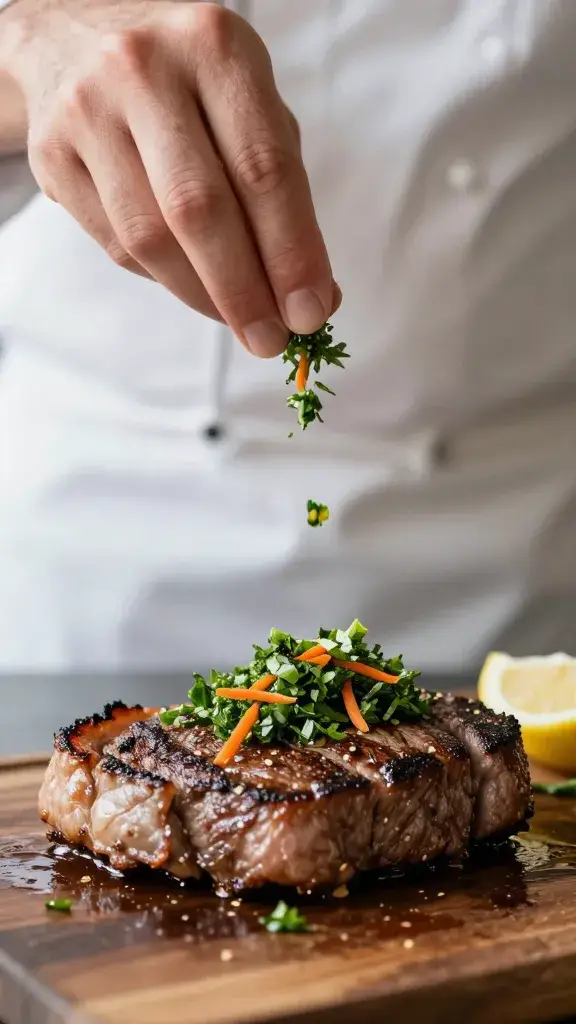 chef’s hand sprinkling carrot-top chimichurri onto steak