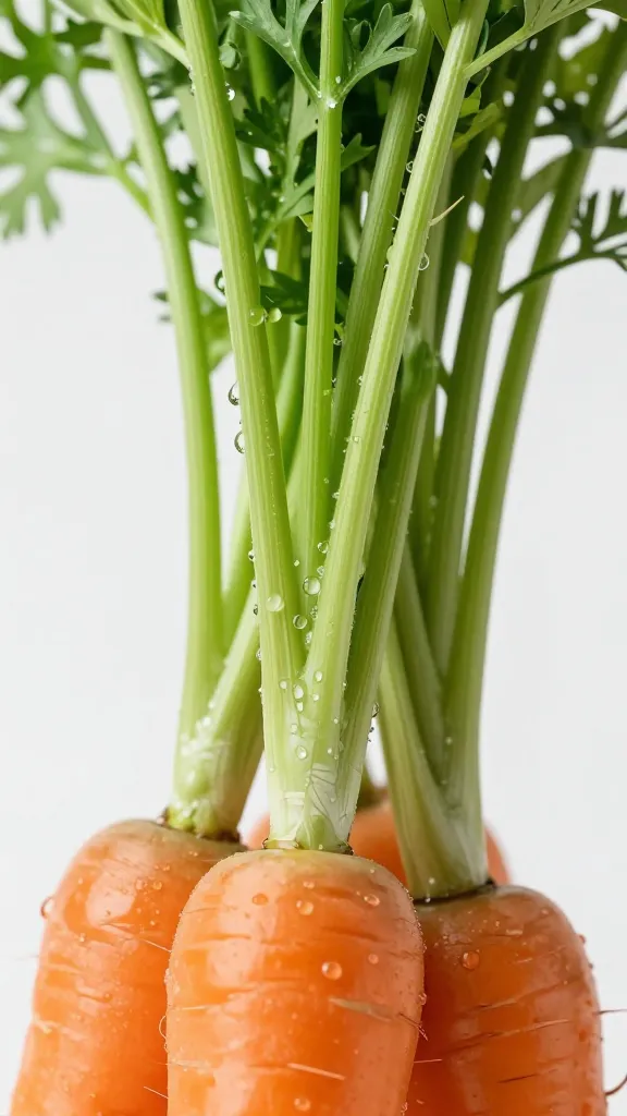 carrot greens bunch freshly washed, water droplets macro