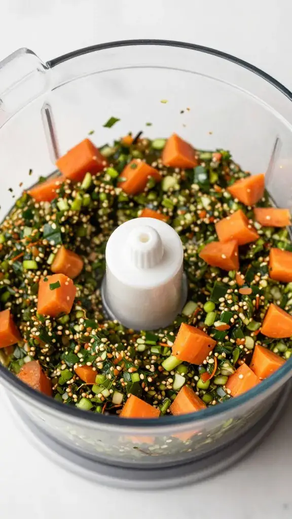 food processor bowl with carrot-top chimichurri, overhead