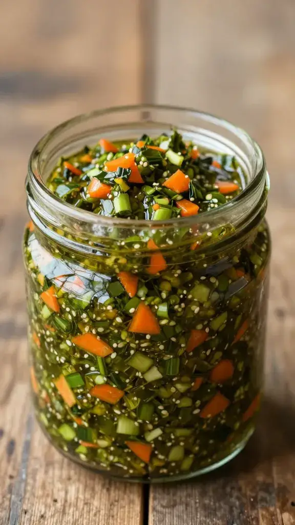 rustic jar of carrot-top chimichurri with oil shine