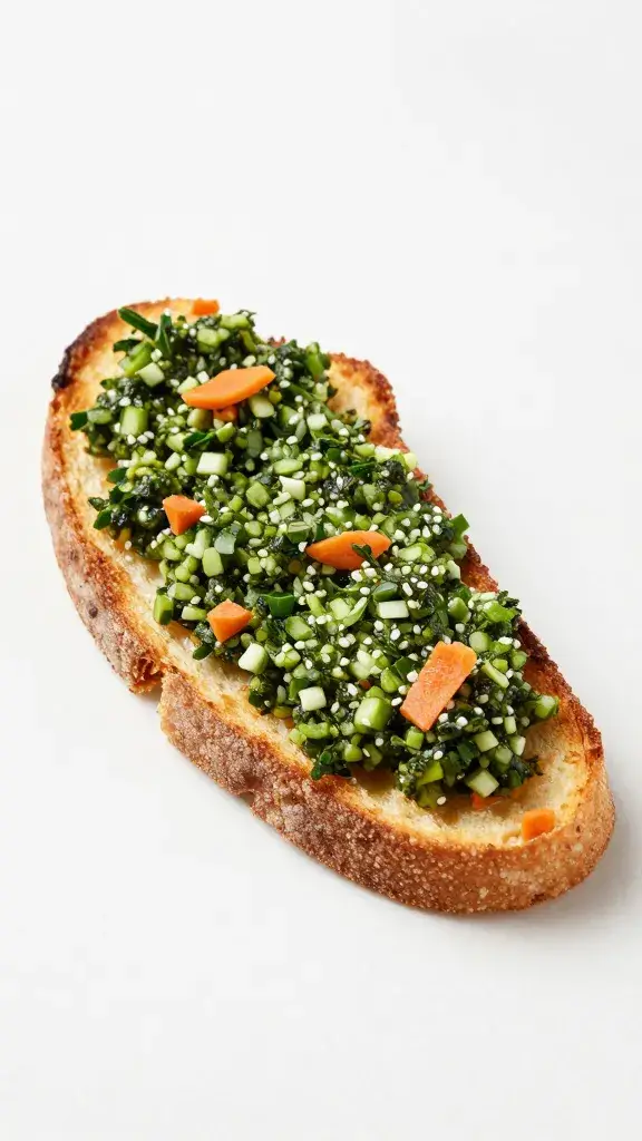 single toasted slice with carrot-top chimichurri spread