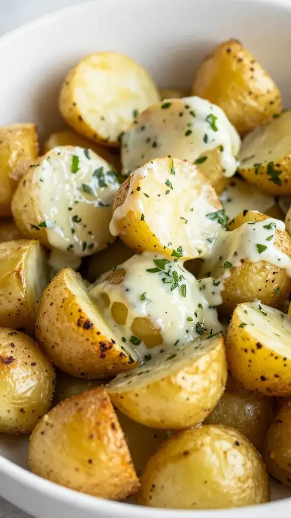 closeup bowl of roasted potato salad with herb vinaigrette