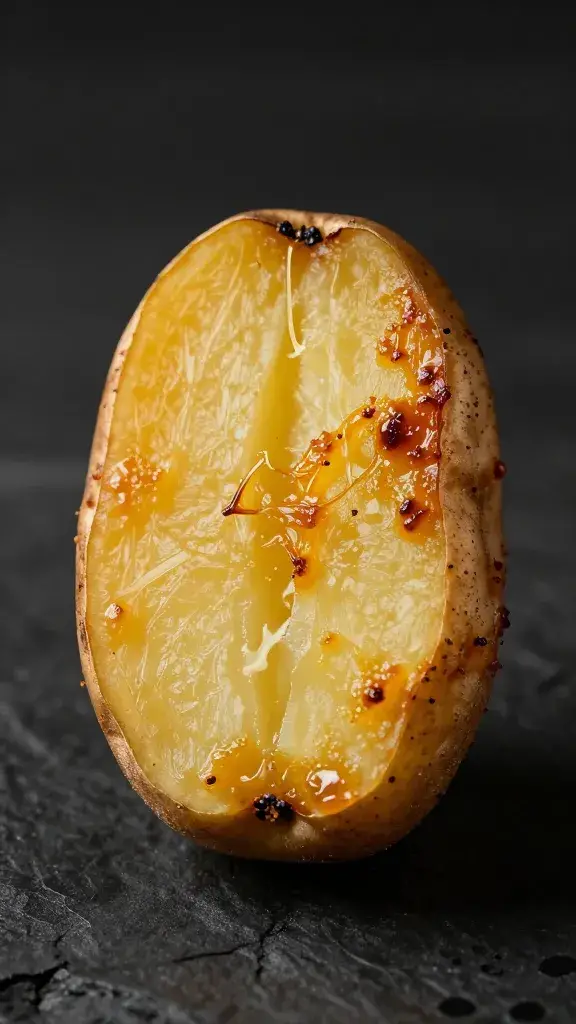 single roasted Yukon gold potato half with caramelized edges