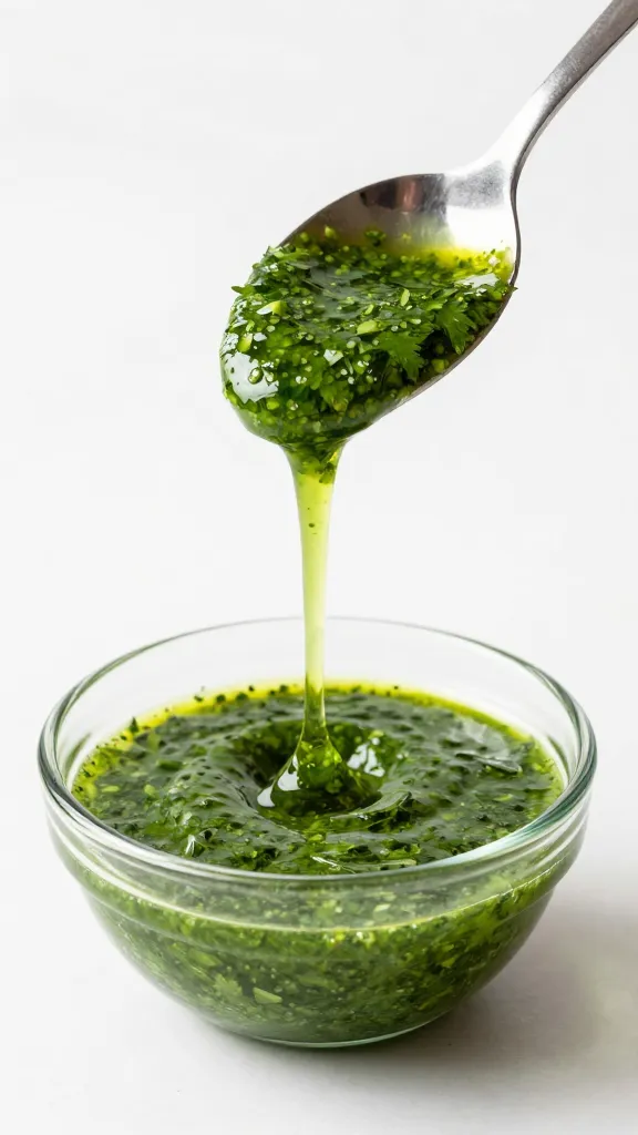 spoon dripping bright green herb vinaigrette