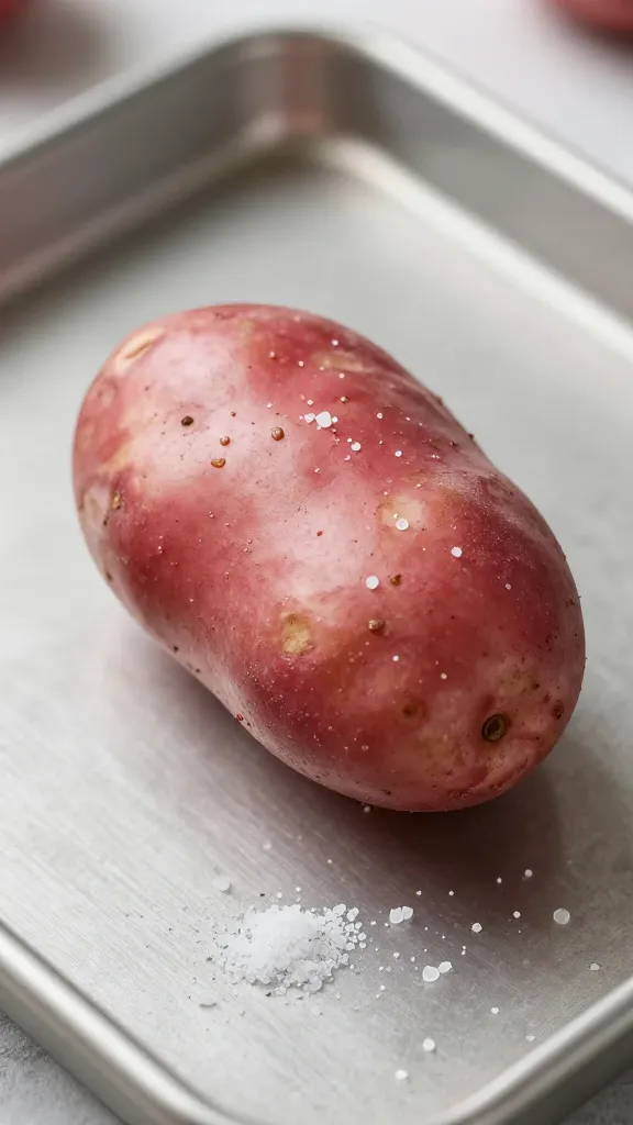 single baby red potato on sheet pan with sea salt