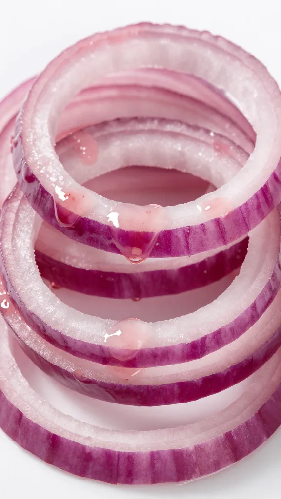 sliced red onion ring glistening with vinaigrette