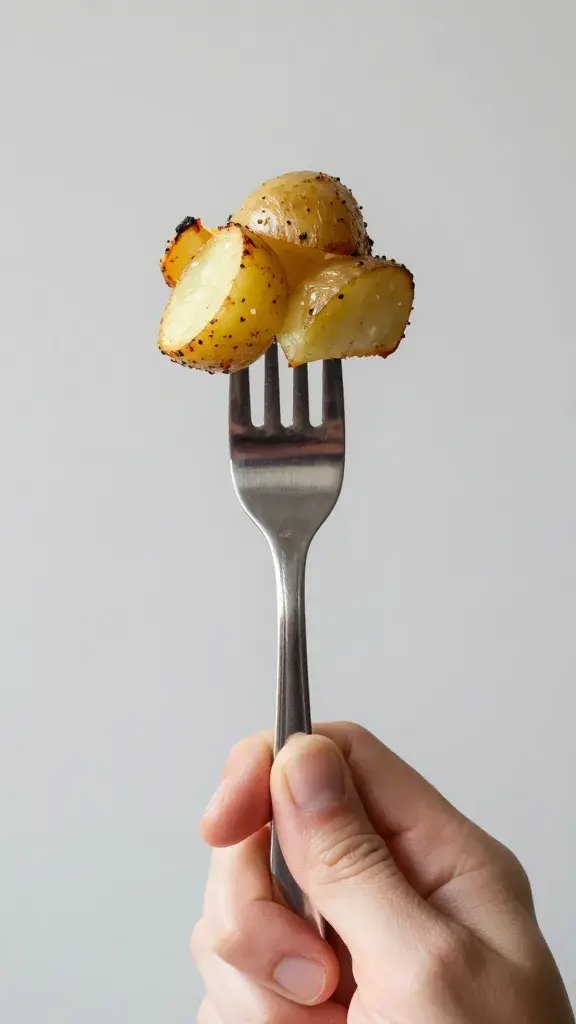 handheld forkful of roasted potato salad against neutral background