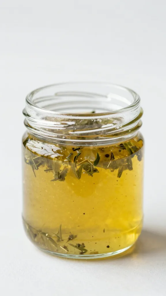 small glass jar of vinaigrette with visible herbs