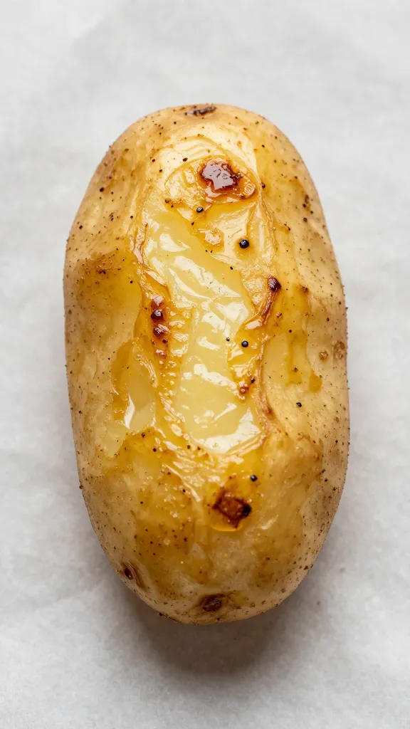 single roasted fingerling potato on parchment, golden blistered skin