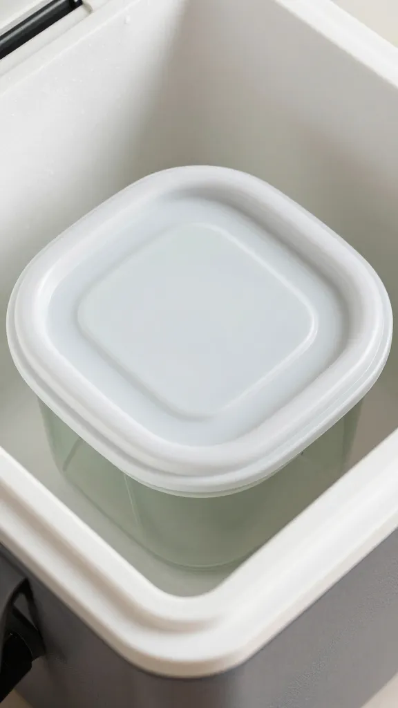 insulated cooler container holding one sealed salad tub lid-closeup