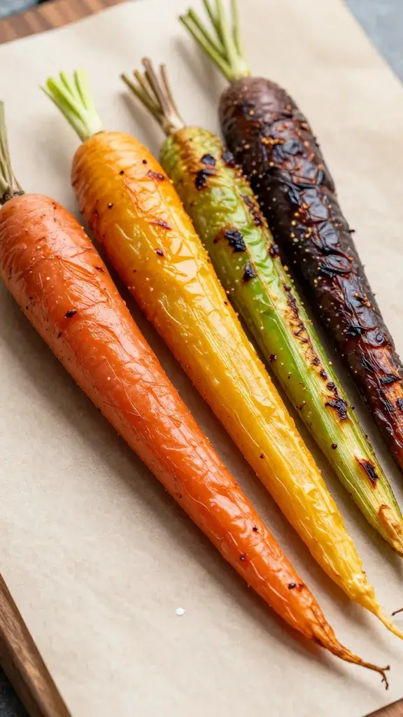 closeup roasted rainbow carrots on parchment, caramelized edges