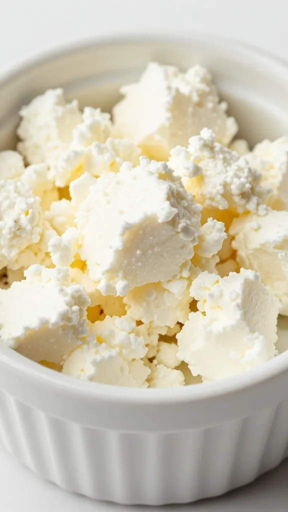 crumbled feta in small white ramekin, soft texture closeup