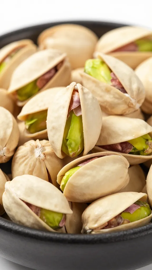 pistachios in matte bowl, vivid green kernels closeup