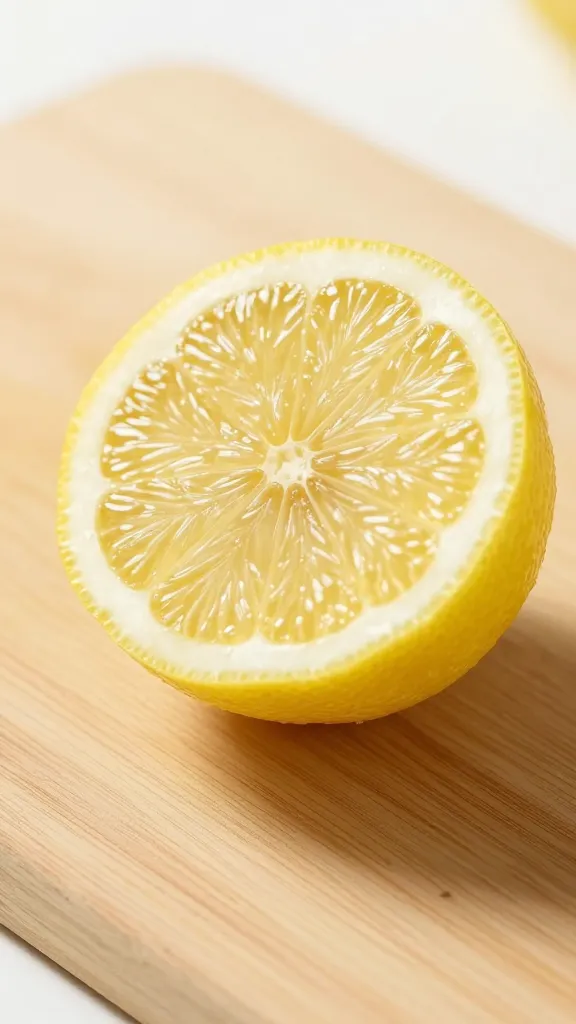 lemon half on cutting board, visible juicy pulp