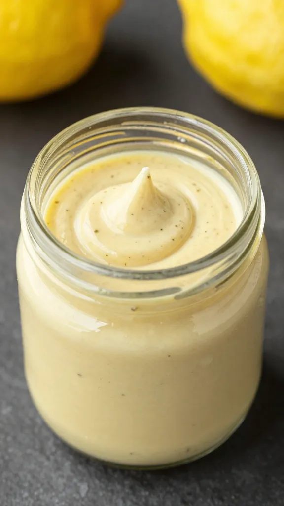 small jar of lemon-herb dressing, emulsified swirl